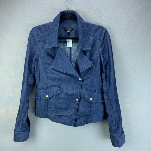 Ann Taylor Jacket‎ Womens Extra Small Blue Chambray Linen Blend Snap Roll Tab - Picture 1 of 16